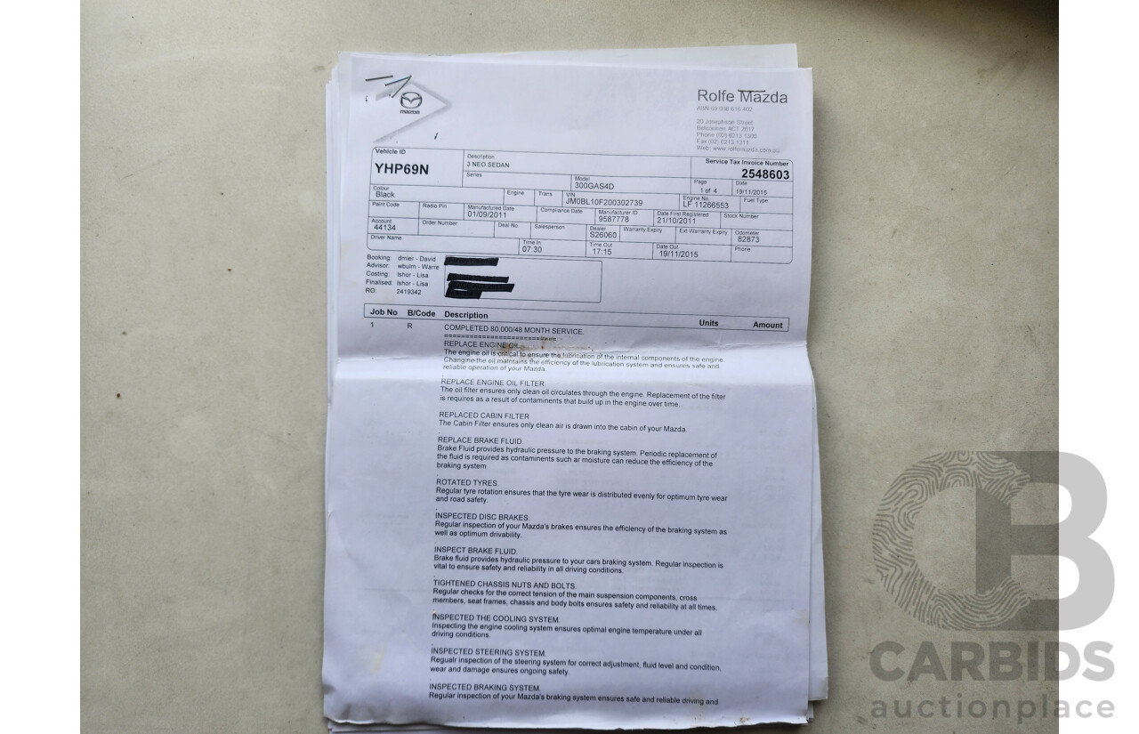 9/2011 Mazda Mazda3 NEO BL 10 UPGRADE 4d Sedan Black 2.0L