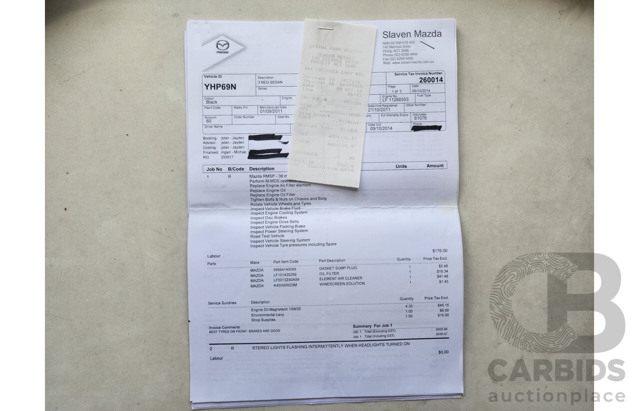 9/2011 Mazda Mazda3 NEO BL 10 UPGRADE 4d Sedan Black 2.0L