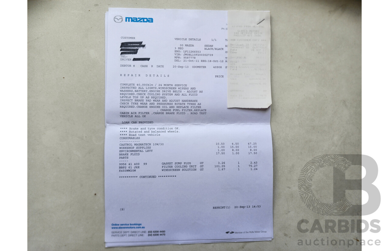 9/2011 Mazda Mazda3 NEO BL 10 UPGRADE 4d Sedan Black 2.0L