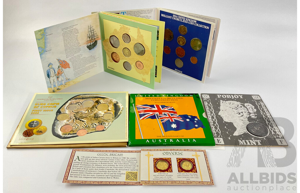 International Coin Sets Including UK 1984, UK/Australia 1988, Cyprus 2008 with Penny Black Crown Replica and Replica Celtic Coins
