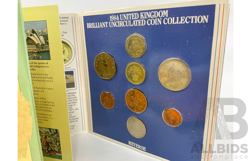 International Coin Sets Including UK 1984, UK/Australia 1988, Cyprus 2008 with Penny Black Crown Replica and Replica Celtic Coins