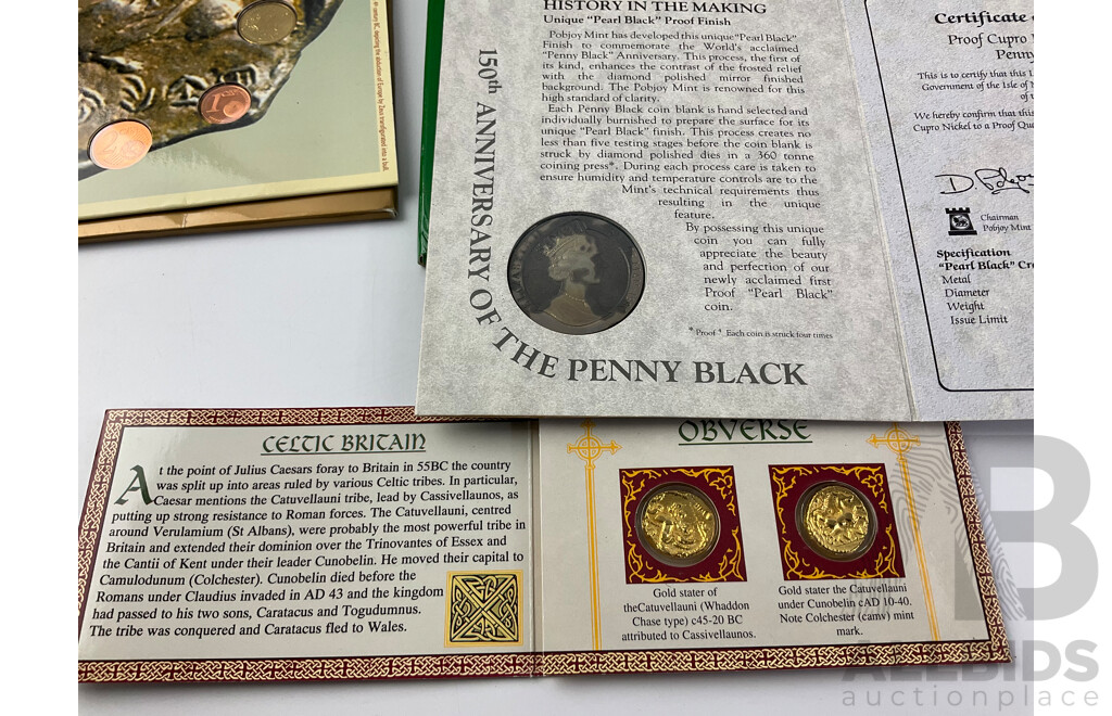 International Coin Sets Including UK 1984, UK/Australia 1988, Cyprus 2008 with Penny Black Crown Replica and Replica Celtic Coins