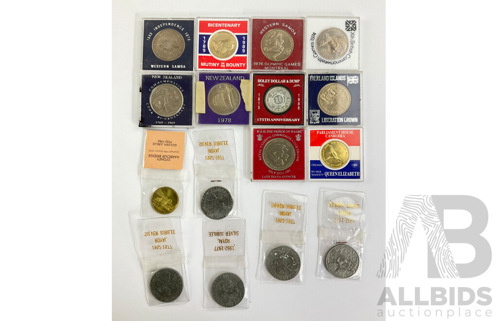 Collection of Commemorative Coins and Medallions Including UK 1977 Jubilee 1981 Charles and Diana, Harbour Bridge Jubilee, Mutiny on the Bounty, Falkland Islands Liberation Crown, 1962 Western Samoa Independence