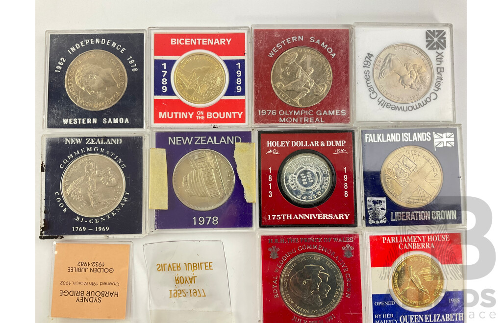 Collection of Commemorative Coins and Medallions Including UK 1977 Jubilee 1981 Charles and Diana, Harbour Bridge Jubilee, Mutiny on the Bounty, Falkland Islands Liberation Crown, 1962 Western Samoa Independence