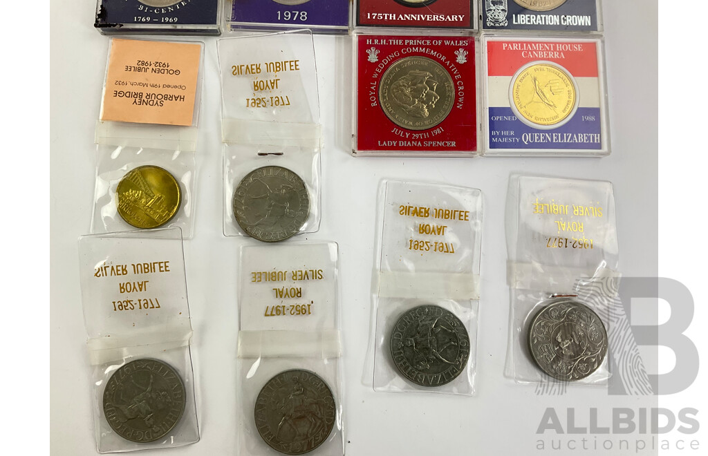 Collection of Commemorative Coins and Medallions Including UK 1977 Jubilee 1981 Charles and Diana, Harbour Bridge Jubilee, Mutiny on the Bounty, Falkland Islands Liberation Crown, 1962 Western Samoa Independence