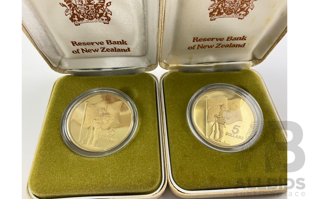 Two New Zealand RBNZ 1990 Five Dollar Coins, ANZAC