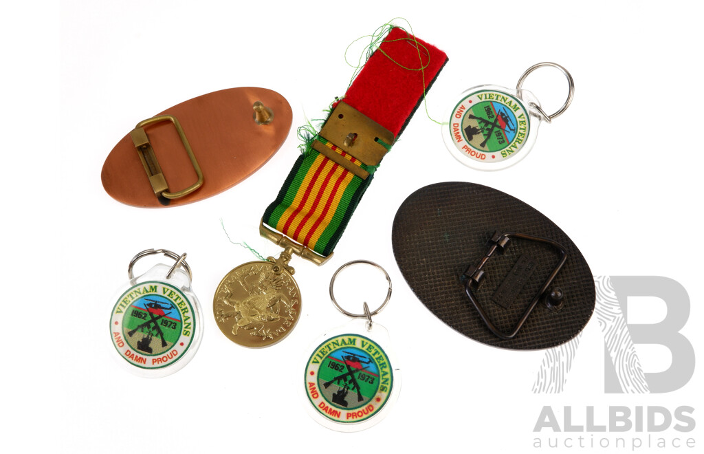 Collection Vietnam Veterans Items Comprising Two Belt Buckles, Three Key Rings and Medal with Ribbon