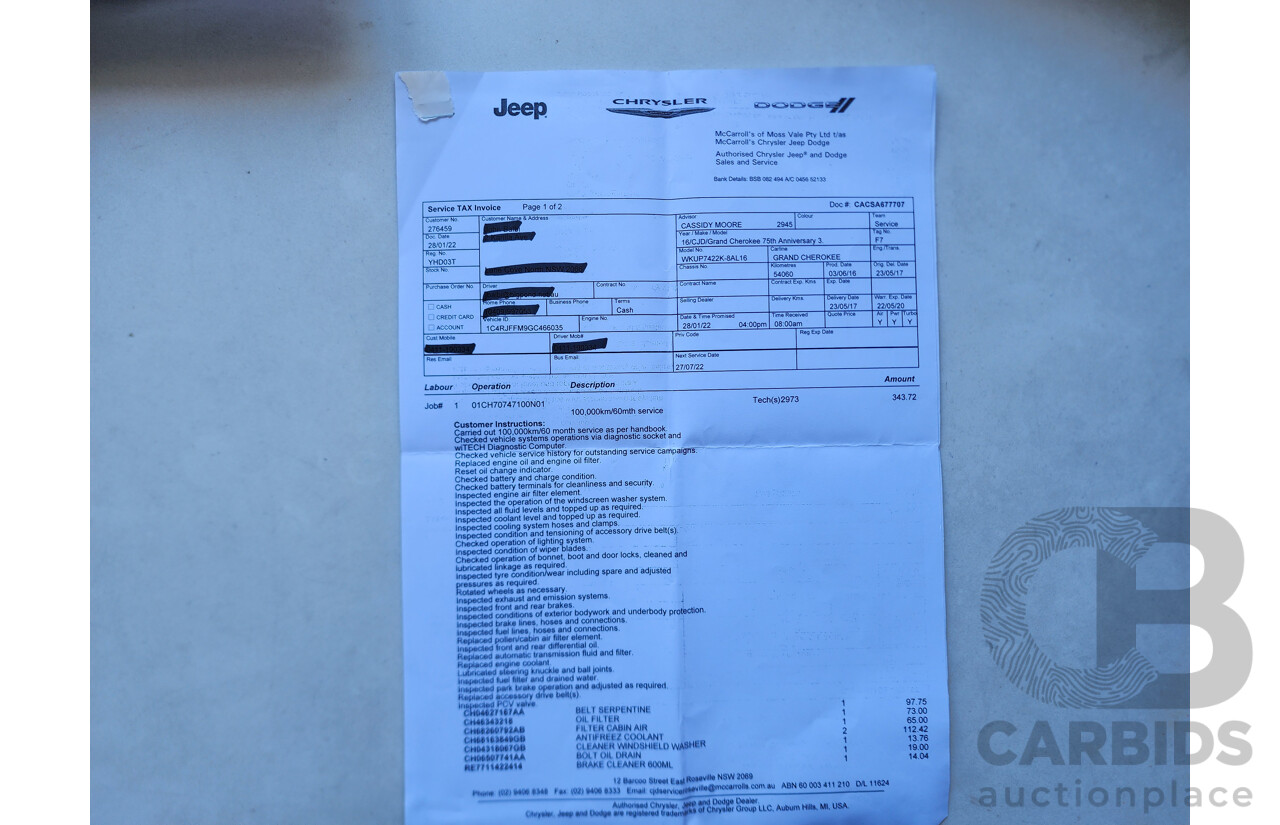 6/2016 Jeep Grand Cherokee Limited 75TH Anniversary (4x4) WK 4d Wagon Black 3.0L