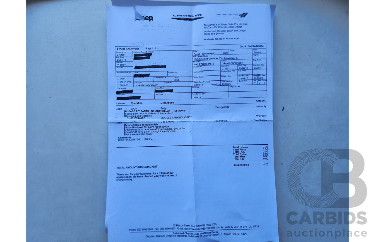 6/2016 Jeep Grand Cherokee Limited 75TH Anniversary (4x4) WK 4d Wagon Black 3.0L