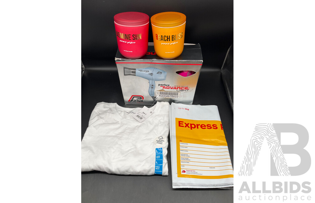 PARLUX Hair Dryer Pink, 2x Candle, Kmart Shirt and 5x Expres Post Prepaid Satchels - Lot of 9
