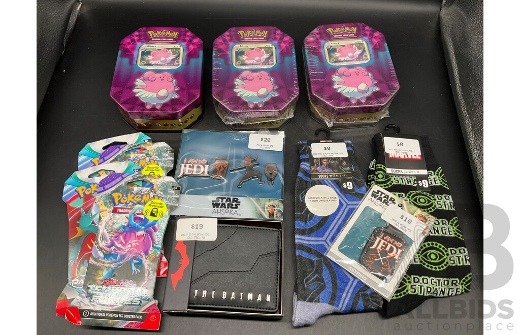 POKEMON, STAR WARS, BATMAN, MARVEL - Assorted Collectibles Card, Socks, Wallet and More - Lot of 12