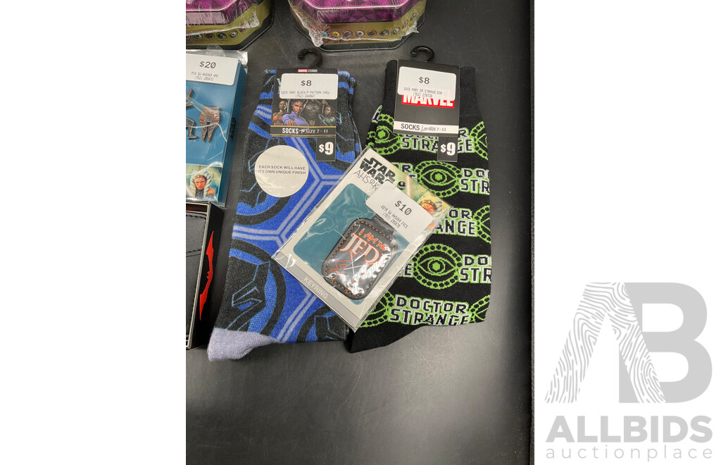 POKEMON, STAR WARS, BATMAN, MARVEL - Assorted Collectibles Card, Socks, Wallet and More - Lot of 12