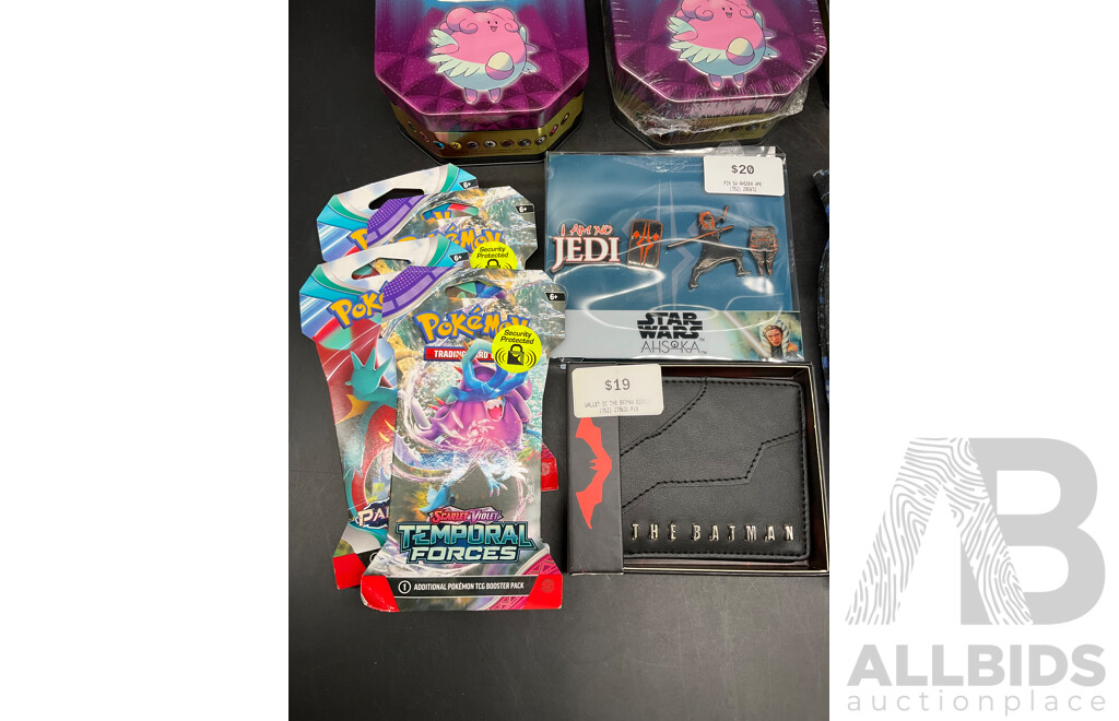 POKEMON, STAR WARS, BATMAN, MARVEL - Assorted Collectibles Card, Socks, Wallet and More - Lot of 12