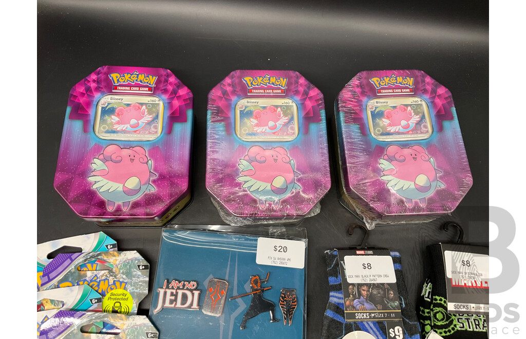 POKEMON, STAR WARS, BATMAN, MARVEL - Assorted Collectibles Card, Socks, Wallet and More - Lot of 12