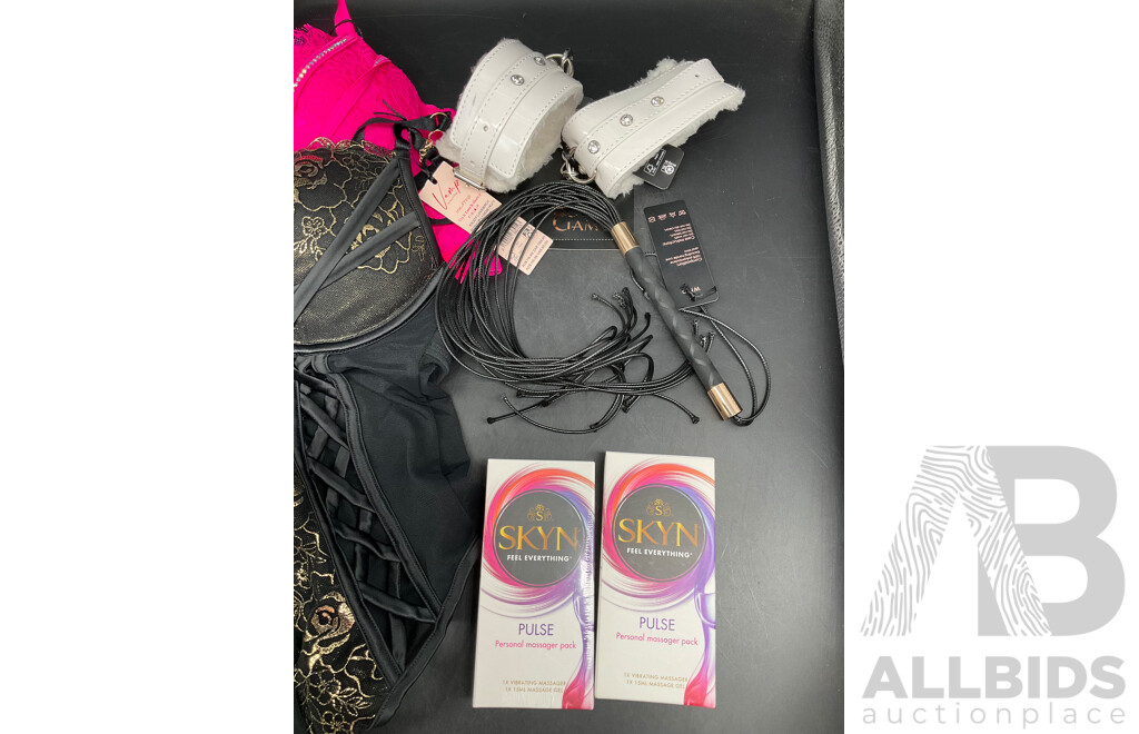 SKYN Pulse Massager Pack,  Ankle and Wrist Cuffs, Costumes and BRAS N THING Lingerie - Lot of 6