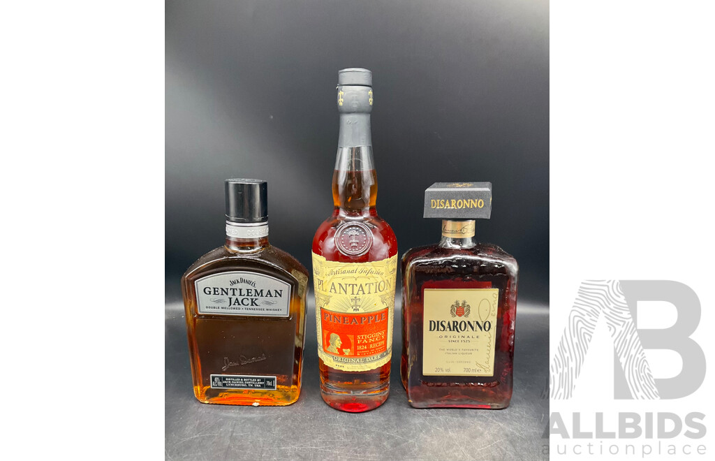 GENTLEMAN JACK Whisky 700ML, PLANTATION STIGGINS Fancy Pineapple Rum 700ml, DISARONNO Liqueur 700ml  - Lot of 3