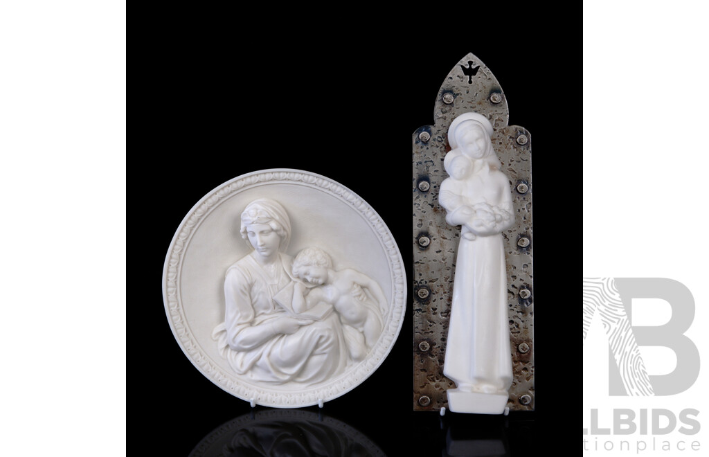 Bradex Limited Edition Michelangelo's Madonna on Carrera Marble Display Plate Along with French Made Composite and Pewter Madonna Wall Plaque