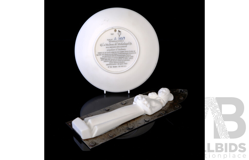 Bradex Limited Edition Michelangelo's Madonna on Carrera Marble Display Plate Along with French Made Composite and Pewter Madonna Wall Plaque