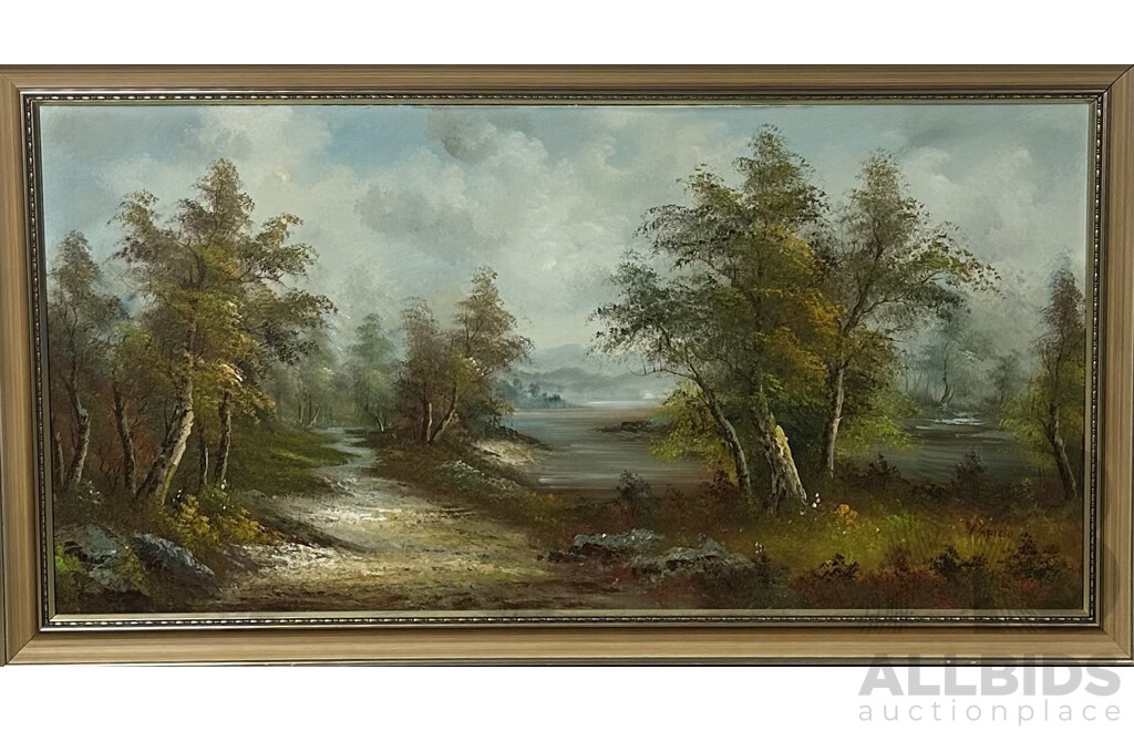 Irene Cafieri, (20th Century), Tranquil Water, Autumn Day, Oil on Canvas, 71 x 132 cm (frame)