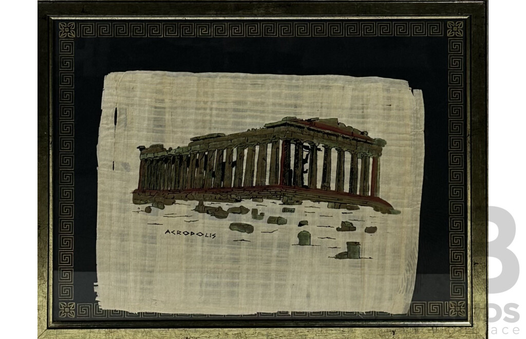 Artist Unknown, Acropolis, Ink and Pigment on Papyrus Panel, 48 x 62 cm (frame)