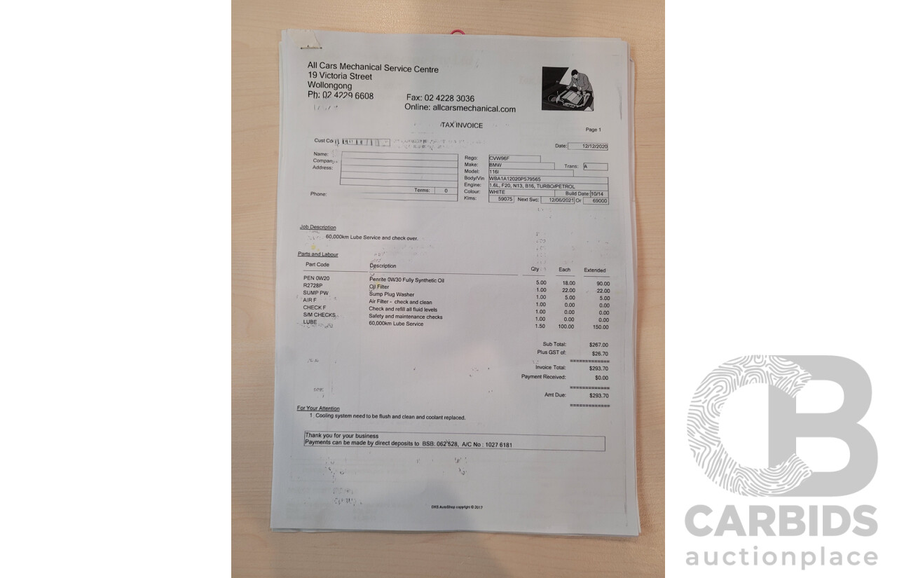 10/2014 BMW 116i SPORT LINE RWD F20 MY13 5D Hatchback White Turbo1.6L