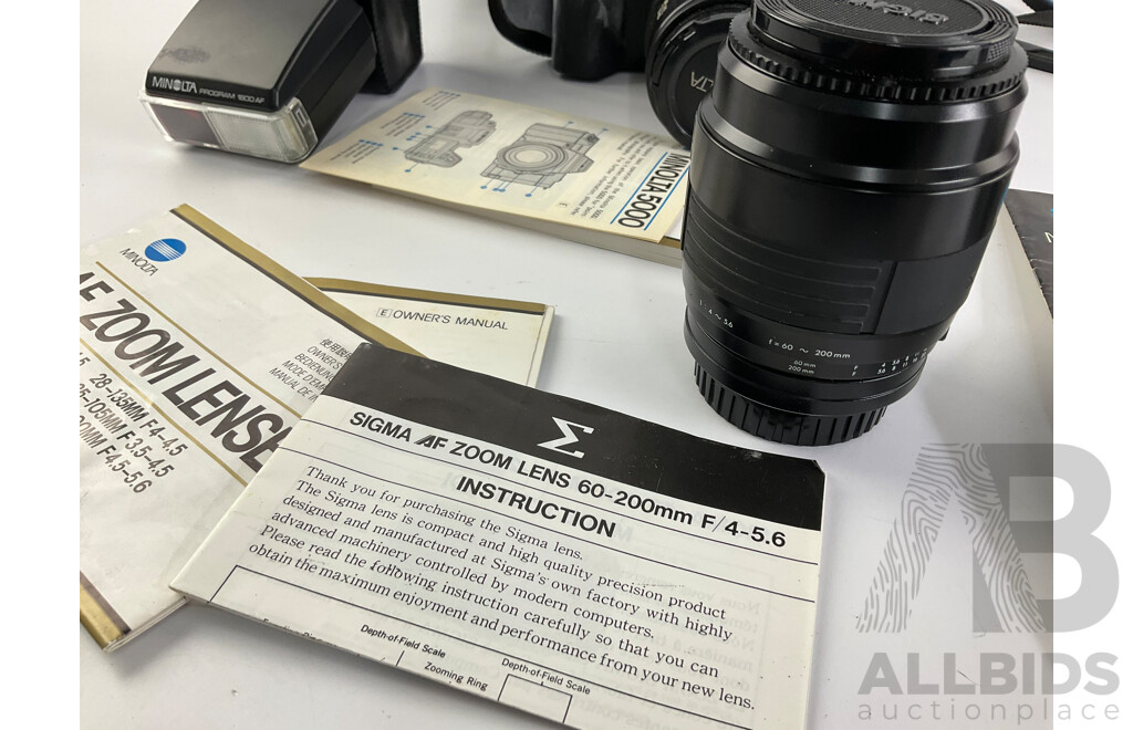 Minolta 35mm Film Camera, 5000 AF with Flash, Sigma Lens and Manuals