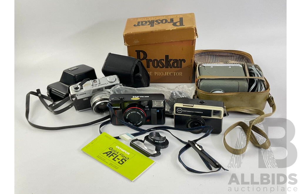 Collection of Vintage 35mm Cameras Including Canon QL17, Olympus AFL-S, Instamatic and Proskar Slide Projector with Original Box and Case