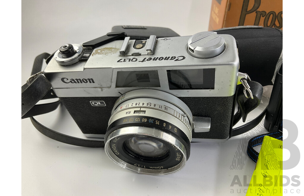 Collection of Vintage 35mm Cameras Including Canon QL17, Olympus AFL-S, Instamatic and Proskar Slide Projector with Original Box and Case