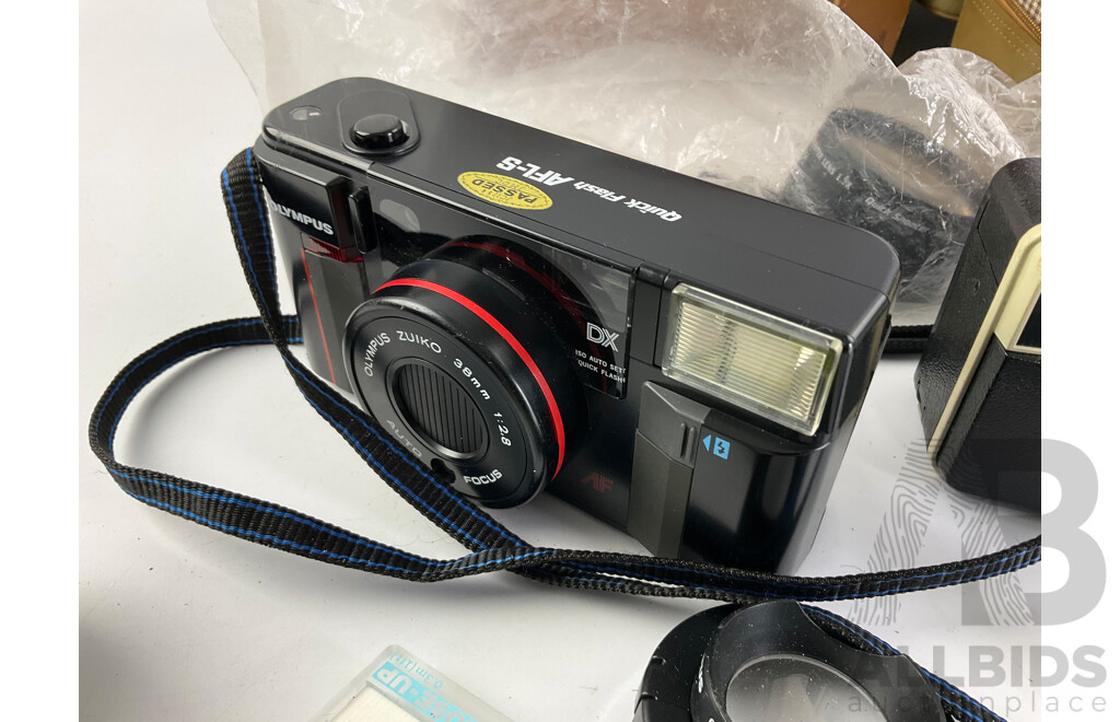 Collection of Vintage 35mm Cameras Including Canon QL17, Olympus AFL-S, Instamatic and Proskar Slide Projector with Original Box and Case