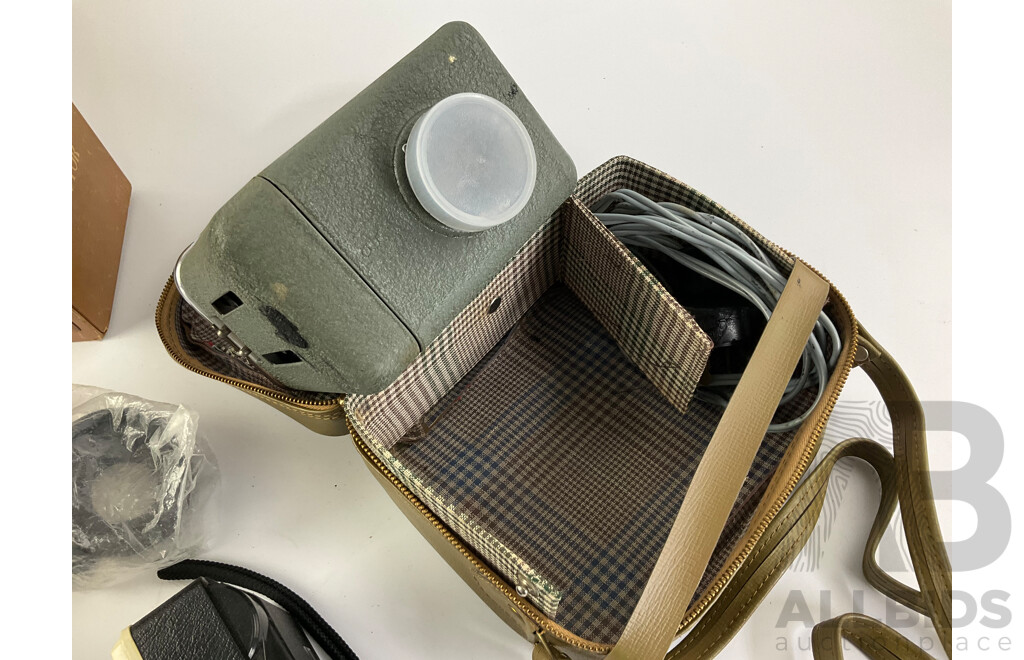 Collection of Vintage 35mm Cameras Including Canon QL17, Olympus AFL-S, Instamatic and Proskar Slide Projector with Original Box and Case