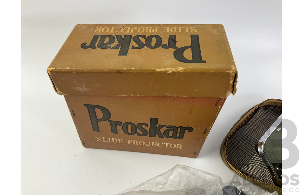 Collection of Vintage 35mm Cameras Including Canon QL17, Olympus AFL-S, Instamatic and Proskar Slide Projector with Original Box and Case