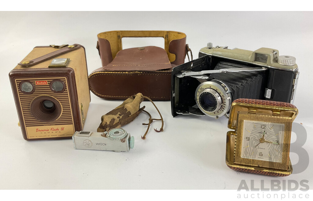 Vintage Kodak Brownie Flash IV, Kodak Tourist and Deluxe Seven Jewels Travel Alarm Clock, Made in Germany