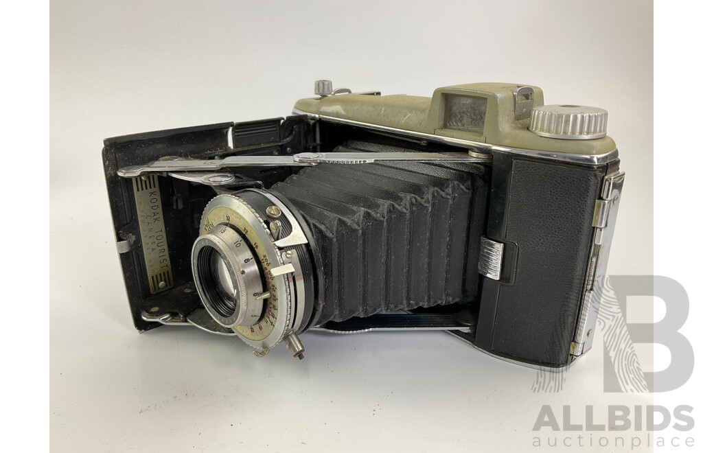 Vintage Kodak Brownie Flash IV, Kodak Tourist and Deluxe Seven Jewels Travel Alarm Clock, Made in Germany