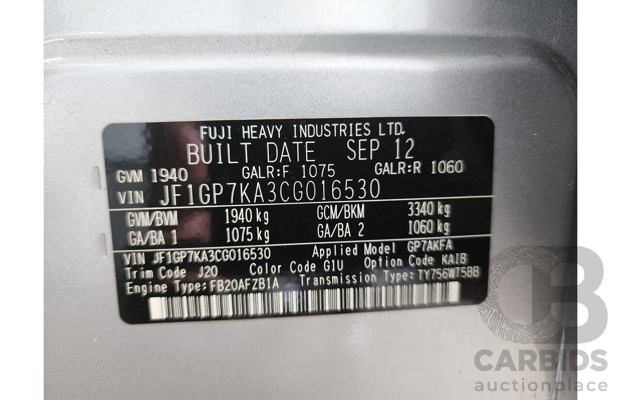 10/2012 Subaru XV 2.0i  4d Wagon Silver 2.0L