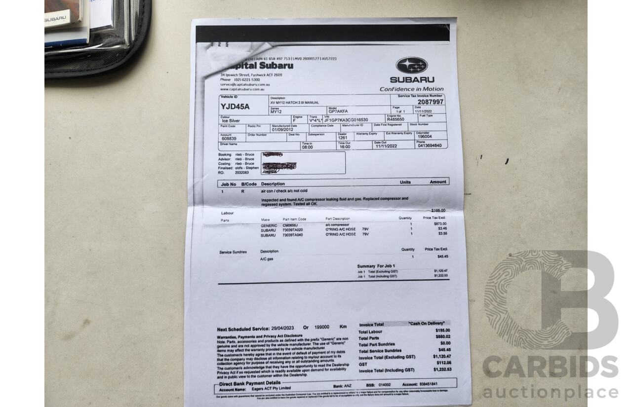 10/2012 Subaru XV 2.0i  4d Wagon Silver 2.0L