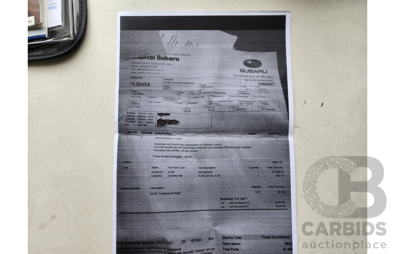 10/2012 Subaru XV 2.0i  4d Wagon Silver 2.0L