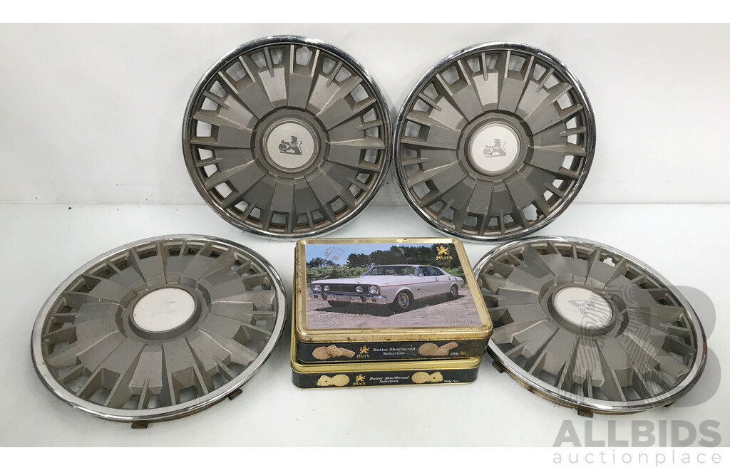 Holden Commodore 14 Inch Hub Caps and Vintage Mar's Collectible Biscuit Tins