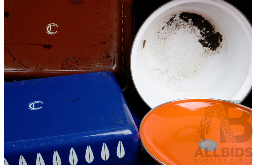Two Mid Century Very Funky Norwegian Cathrineholm Enamelled Baking Trays Along with Lidded Saucepan of the Same Brand