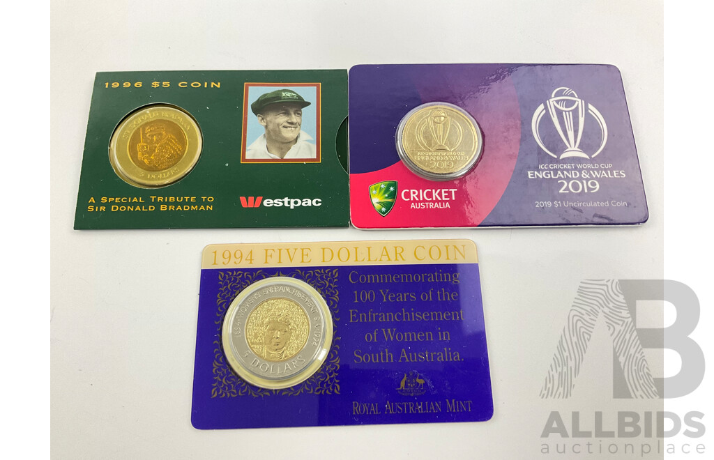 Australian 1994 1996 $5 Coins and 2019 $1 Coin