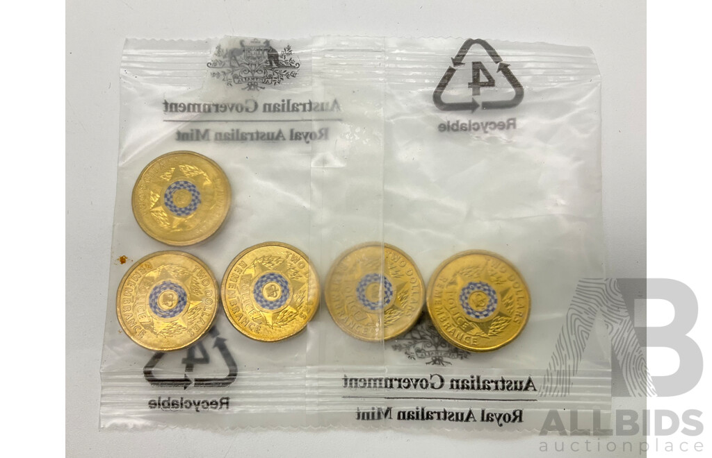 Australian 2019 Police $2 Coins, Five UNC in Mint Bag