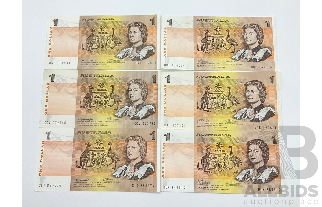 Australian 1976 Knight Wheeler R76a Six Mixed $1 Notes.