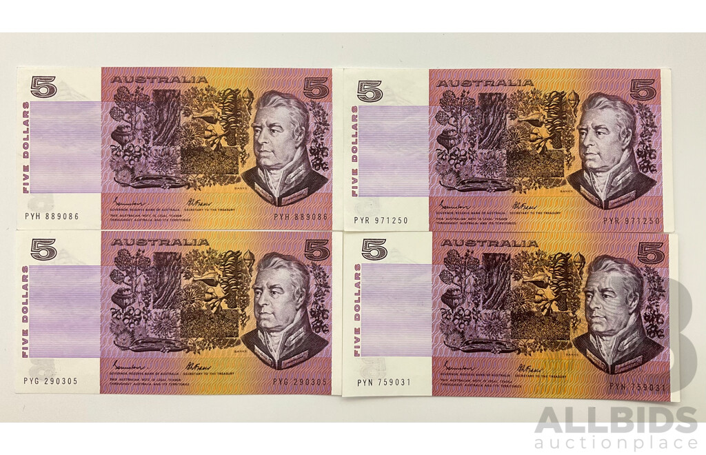 Australian 1985 Five Dollar Notes, Johnston/Fraser R208a Notes