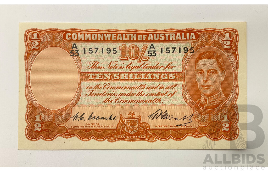 Australian 1949 Coombs Watt R14 10/- Note. A53 157195.