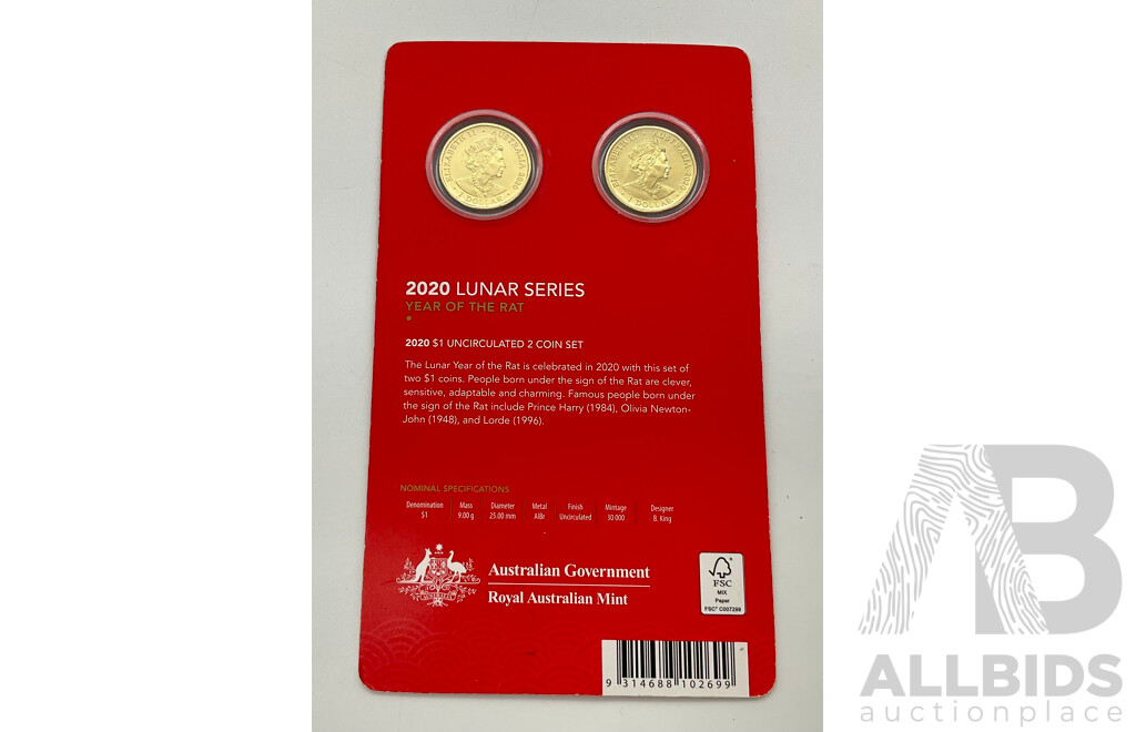 Australian 2020 Lunar Series UNC 2 $1 Coin Set, Year of the Rat,