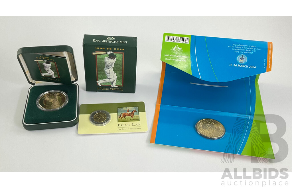 Australian RAM 1996 $5 Coin. Don Bradman.2000 Phar Lap $5 Coin. 2006 Melbourne Olympics $5 Coin.