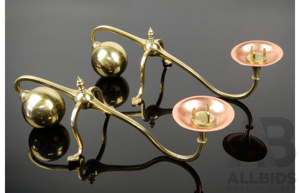 Pair Vintage WAS Benson Copper & Brass Cantilevered Candle Holders