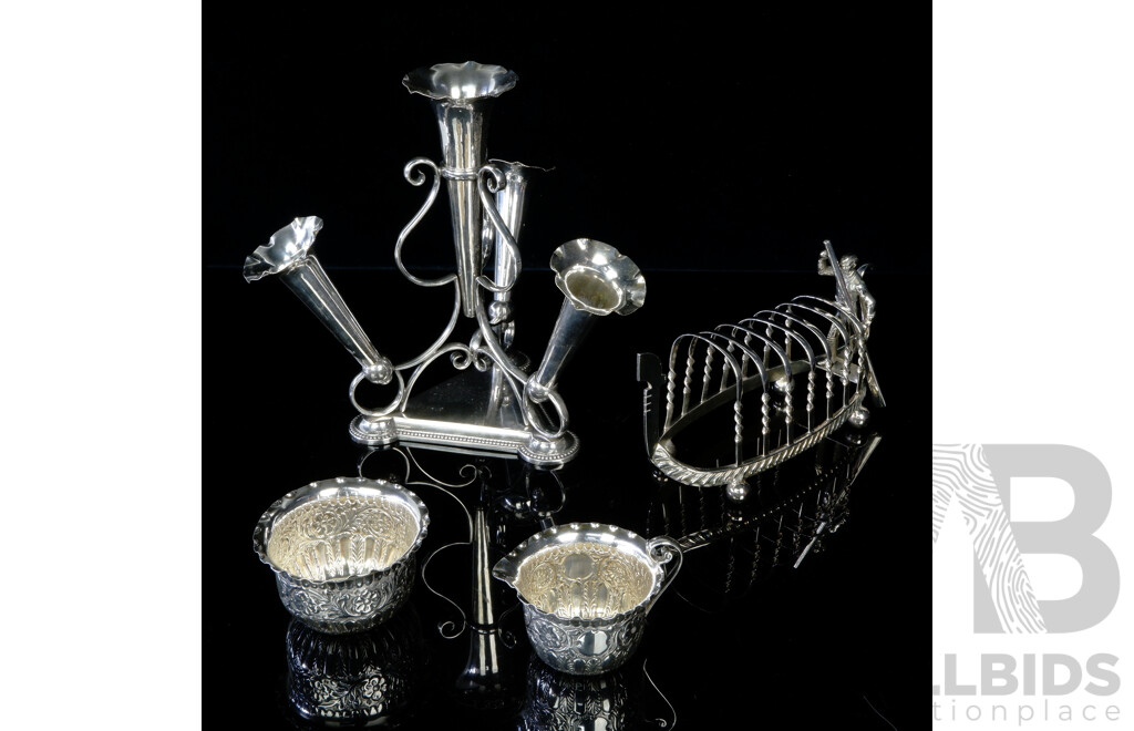Collection Items Comprising Sterling Silver Creamer and Sugar Dish with Repousse Detail, Sheffield 1887, Along with Silver Plate Gondola Form Toast Rack and Four Trumpet Silver Plate Epergne