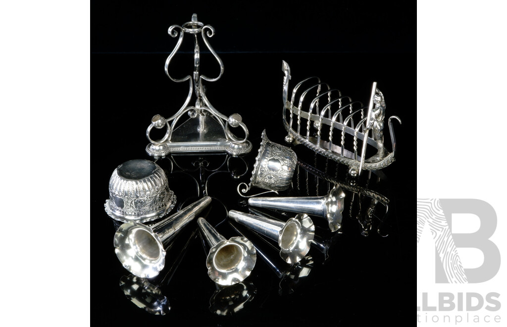 Collection Items Comprising Sterling Silver Creamer and Sugar Dish with Repousse Detail, Sheffield 1887, Along with Silver Plate Gondola Form Toast Rack and Four Trumpet Silver Plate Epergne