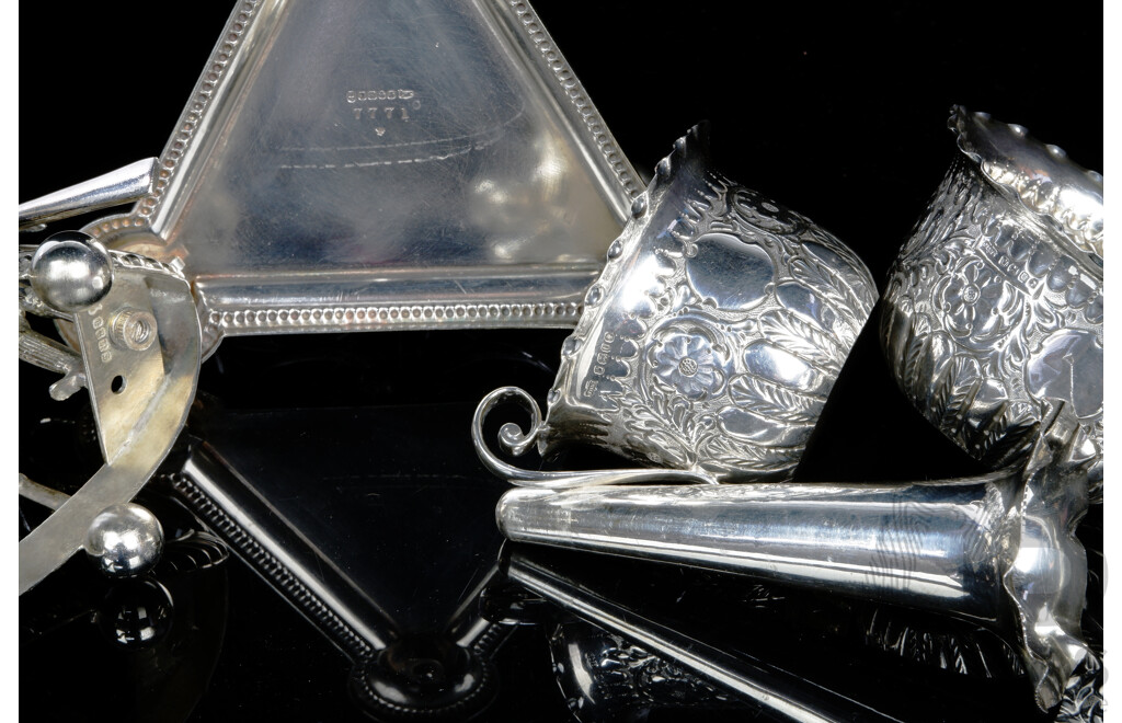 Collection Items Comprising Sterling Silver Creamer and Sugar Dish with Repousse Detail, Sheffield 1887, Along with Silver Plate Gondola Form Toast Rack and Four Trumpet Silver Plate Epergne