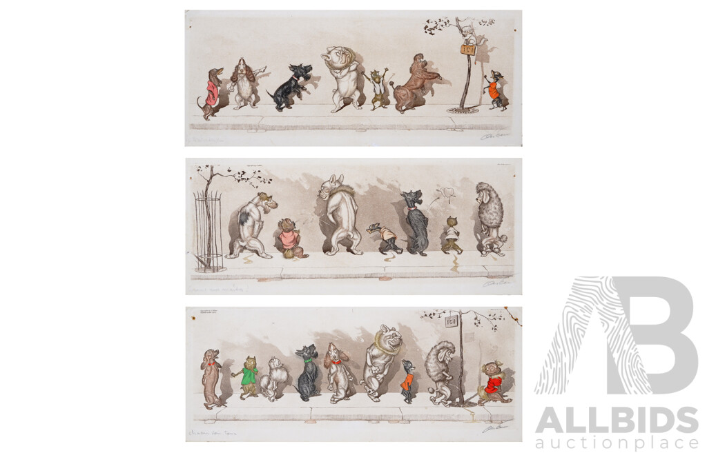 Boris O'Klein, (Early/mid 20th Century, Russian-French, 1893-1985), Trio of Dirty Dogs of Paris, Hand Coloured Original Etchings, 19 x 46 cm (3)